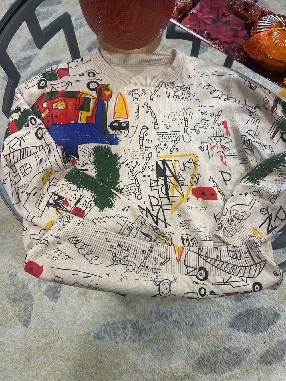Graphic Cream Crewneck Sweatshirt with Multicolor Sketch Print